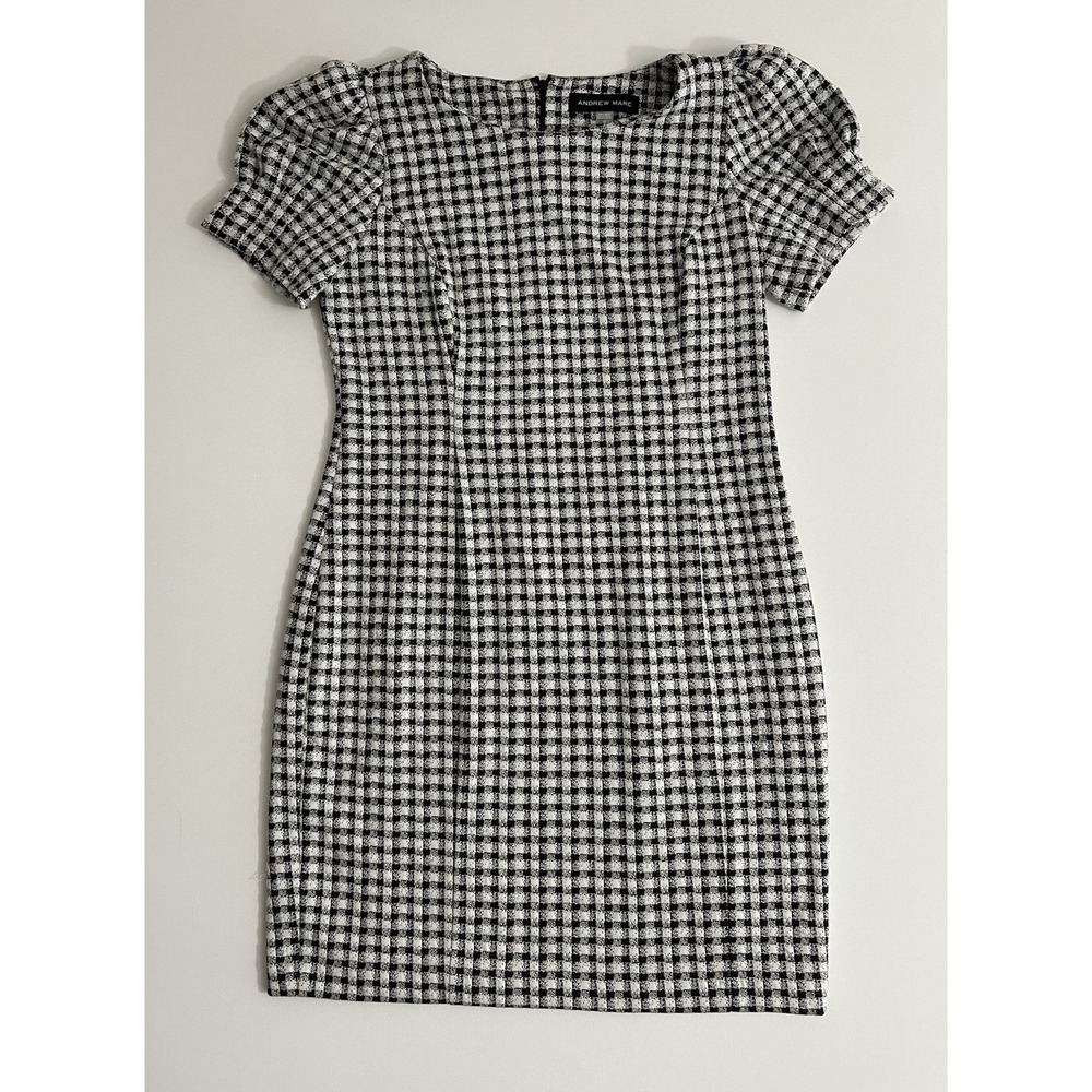 Andrew Marc Black & White Houndstooth‎ Puff‑Sleeve Mini Dress – Size 14